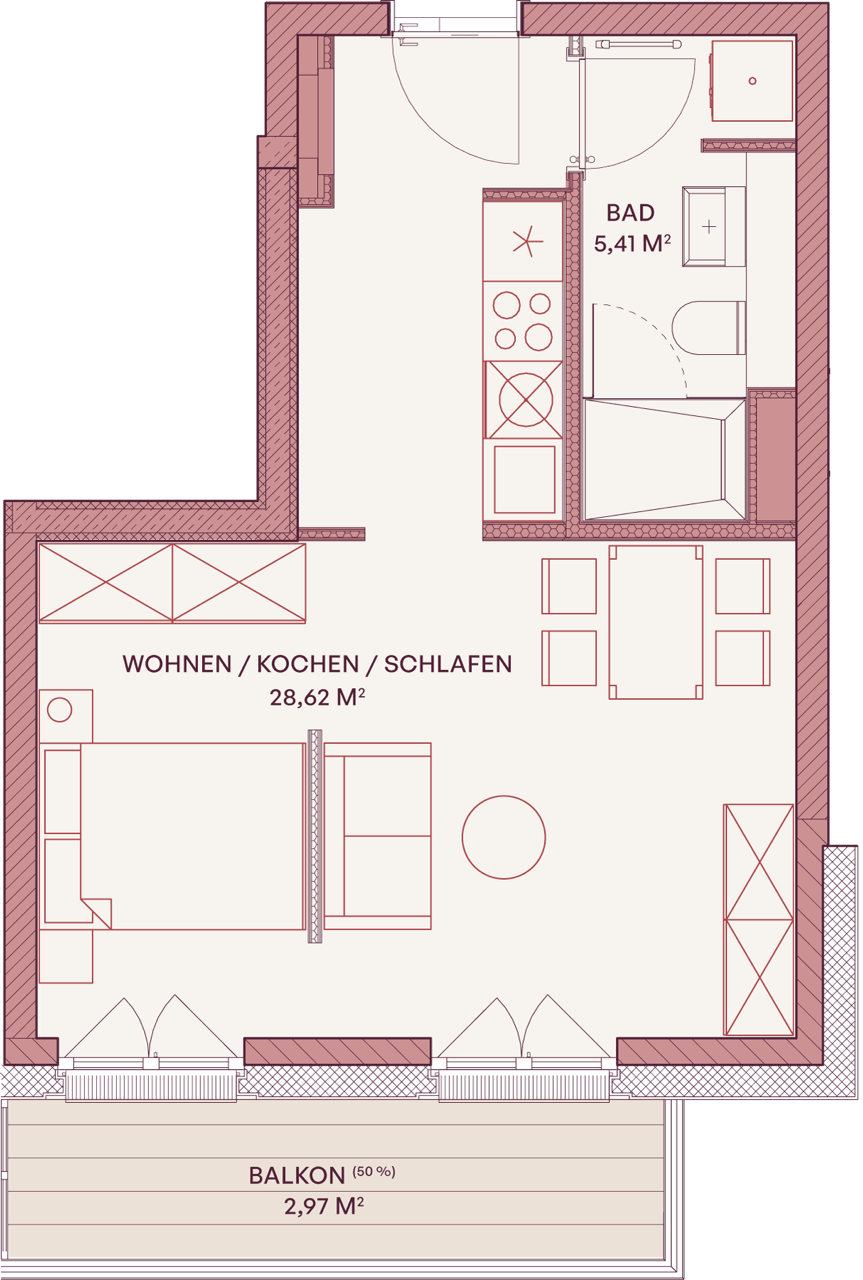 Grundriss einer Ein-Zimmer-Wohnung mit offenem Wohn-, Koch- und Schlafbereich, Bad und Balkon