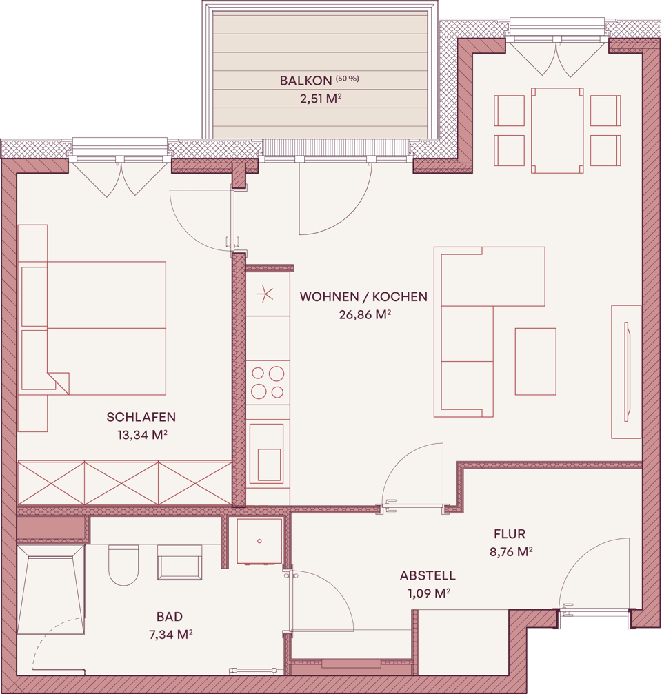 Grundriss einer Zwei-Zimmer-Wohnung mit separatem Schlafzimmer, offener Wohnküche, Bad und Balkon