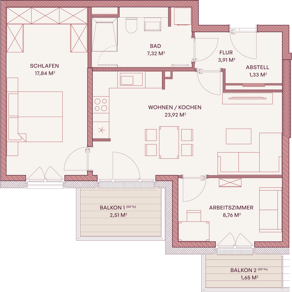 Grundriss einer Drei-Zimmer-Wohnung mit Schlafzimmer, Arbeitszimmer, Wohnküche, Bad und zwei Balkonen
