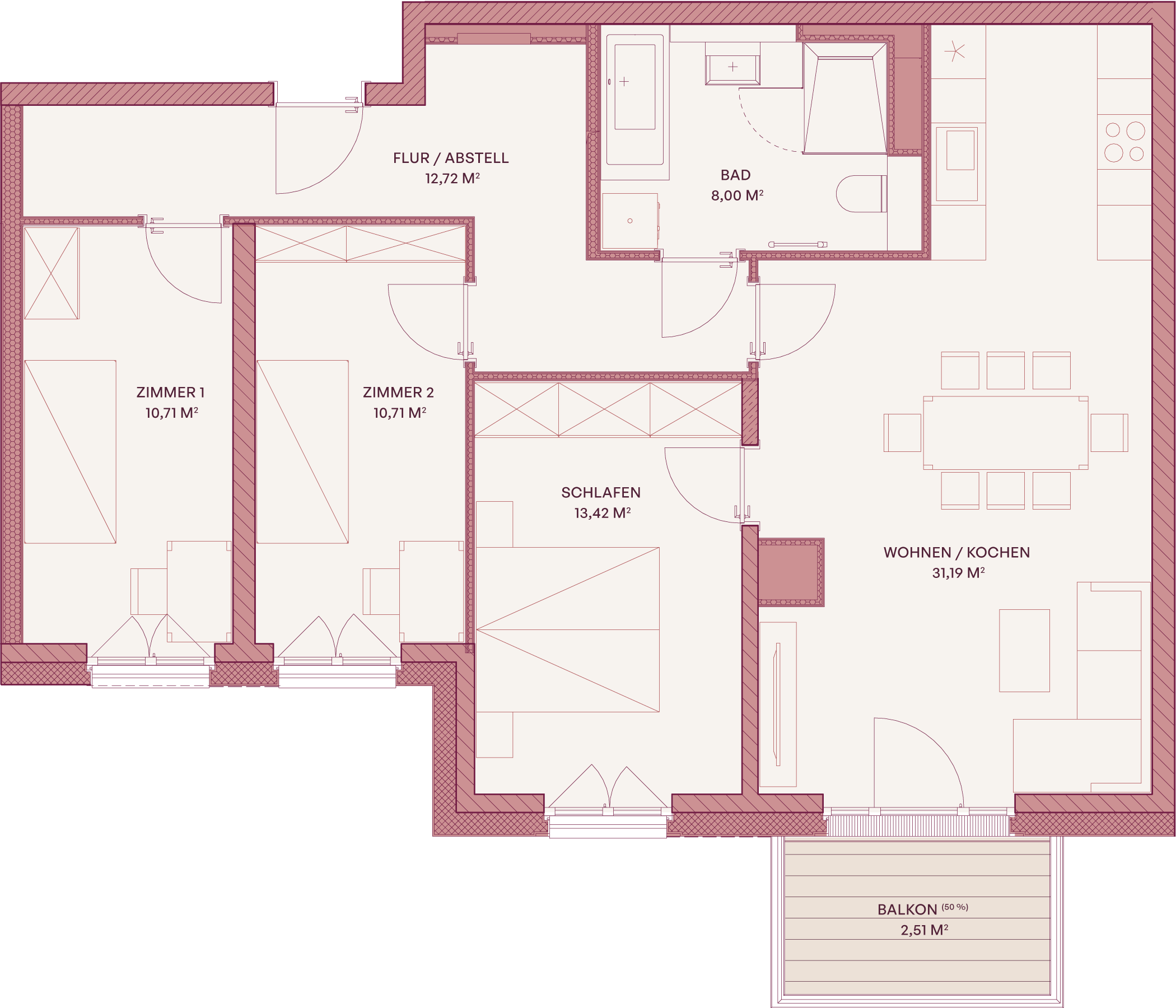 Grundriss einer Vier-Zimmer-Wohnung mit zwei Zimmern, Schlafzimmer, Wohnküche, Bad und Balkon