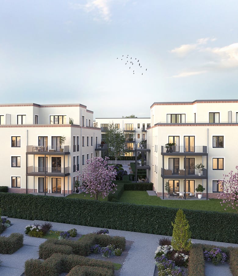 Visualisierung weißer Neubau-Wohnhäuser mit Balkonen, Gartenanlage und blühendem Magnolienbaum