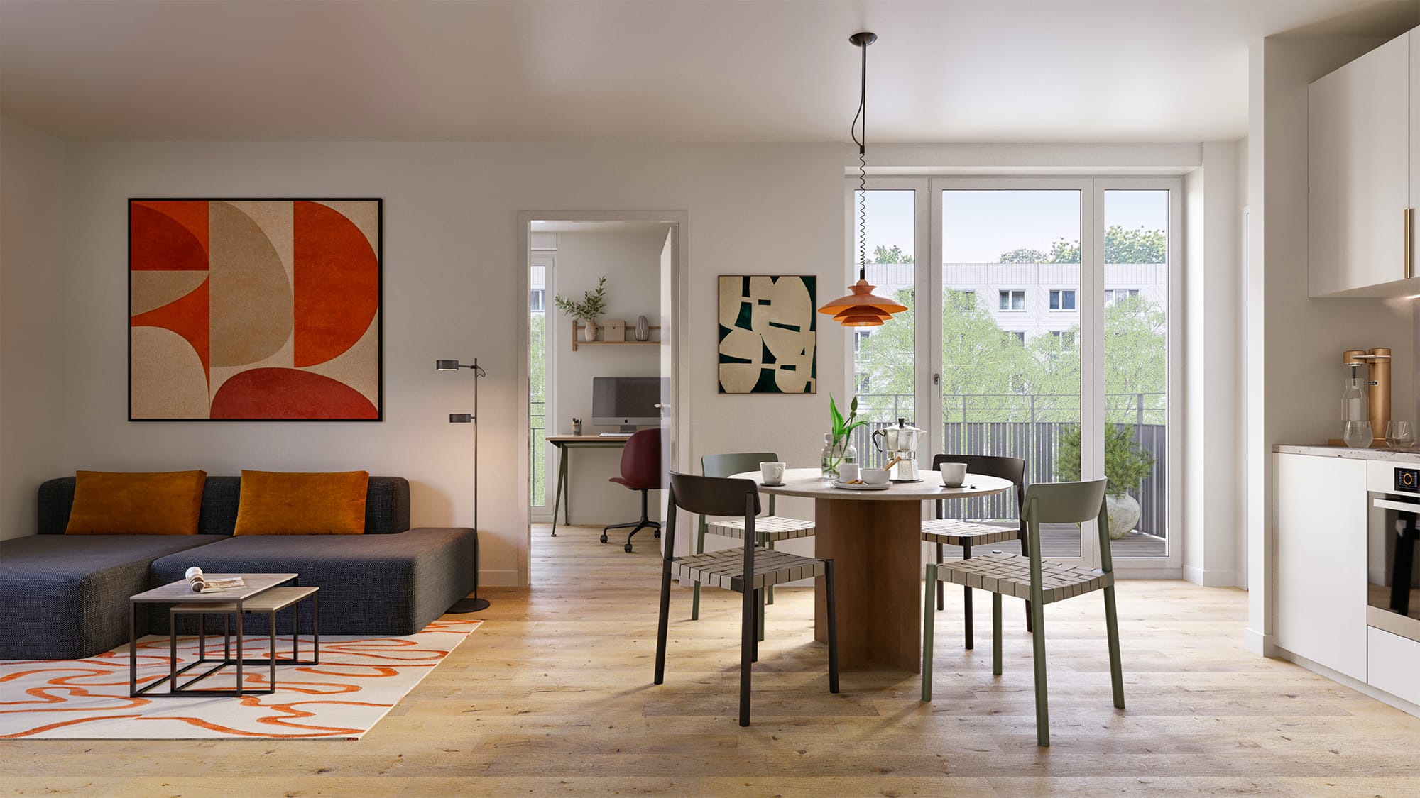 Offener Wohn- und Essbereich mit grauem Sofa, rundem Esstisch und bodentiefer Balkontür