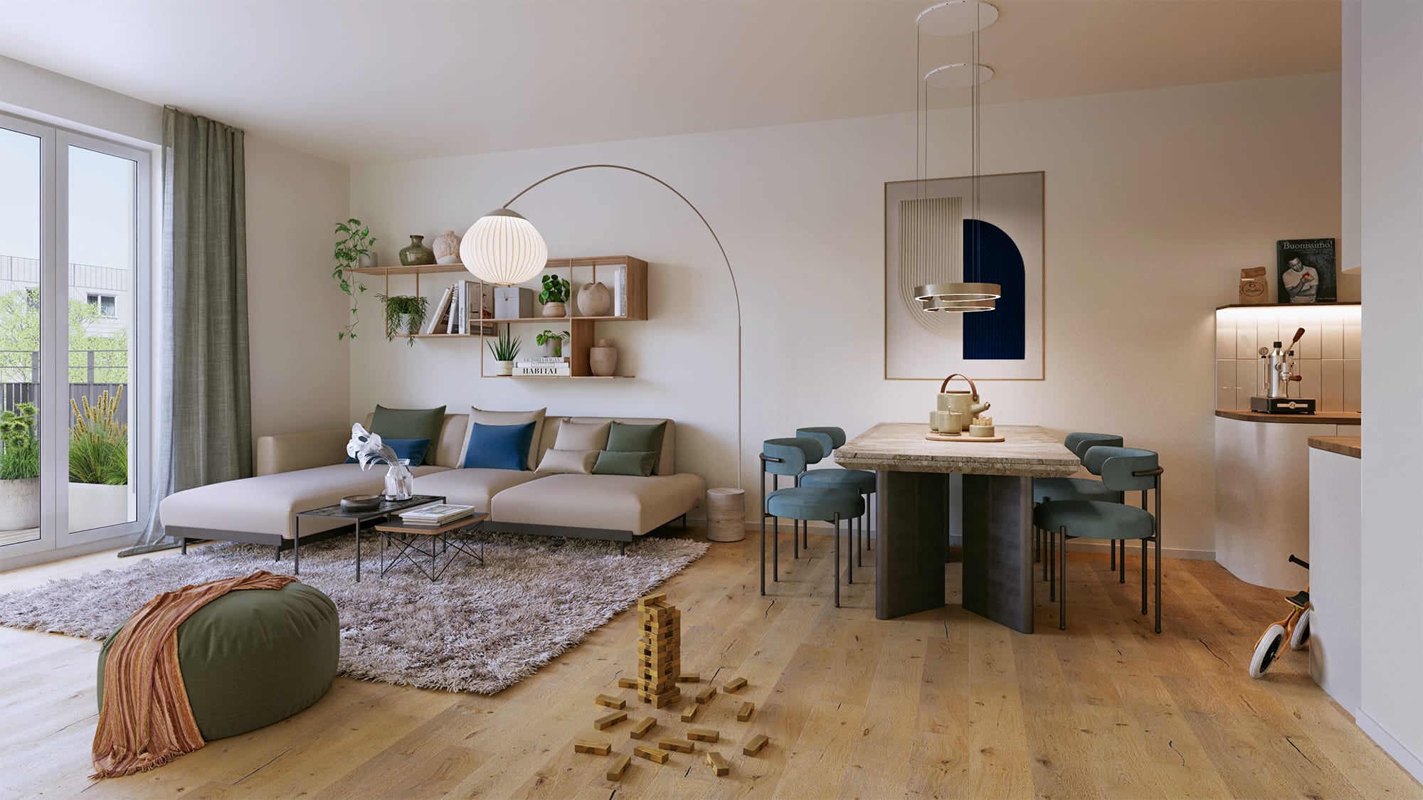 Heller Wohn-Essraum mit beiger Couch, Bogenlampe und Steintisch mit grünen Stühlen