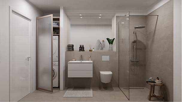 Modernes Badezimmer mit ebenerdiger Glasdusche, Waschtisch, WC und Waschmaschinennische