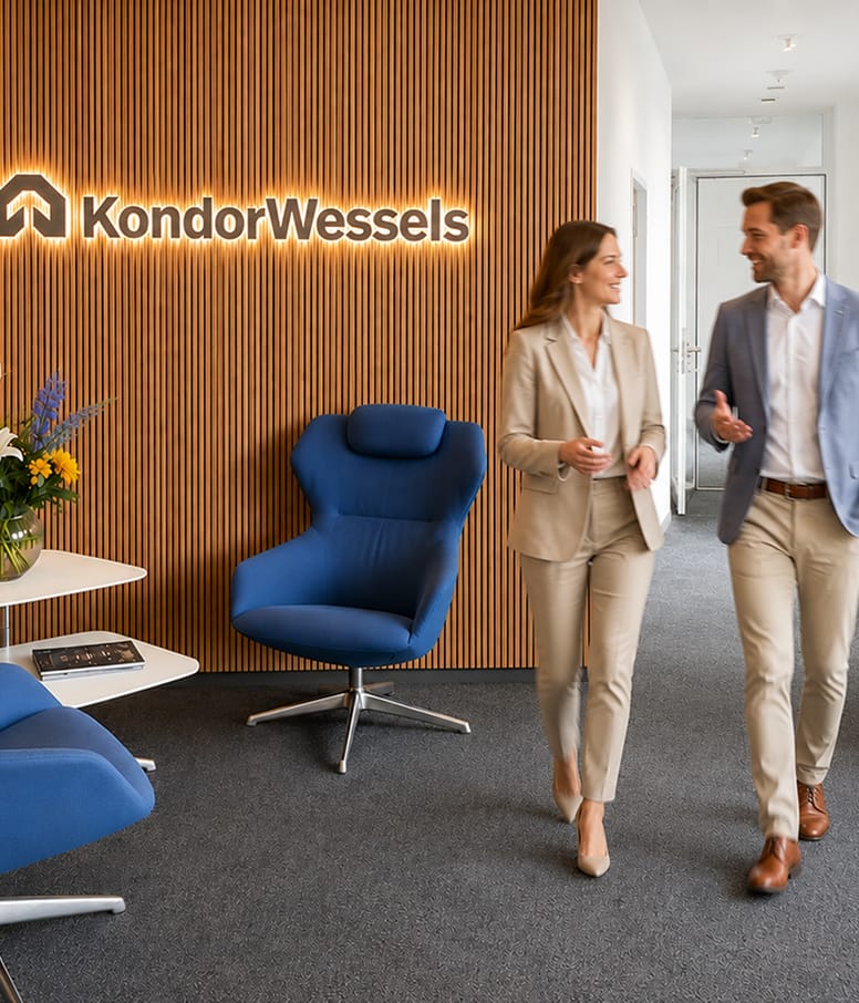 Beleuchteter Eingangsbereich mit Klinkerwaenden, Briefkaesten, Aufzug und Design-Pendelleuchten