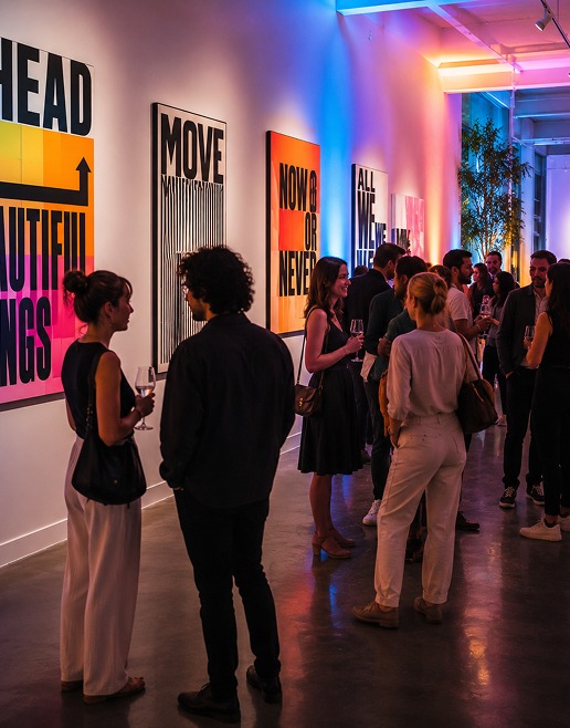 Menschen mit Weingläsern bei einer Vernissage vor farbigen Kunstwerken in einer Galerie