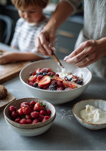 Erwachsener und Kind bereiten in der Küche eine Schüssel mit Beeren und Sahne zu
