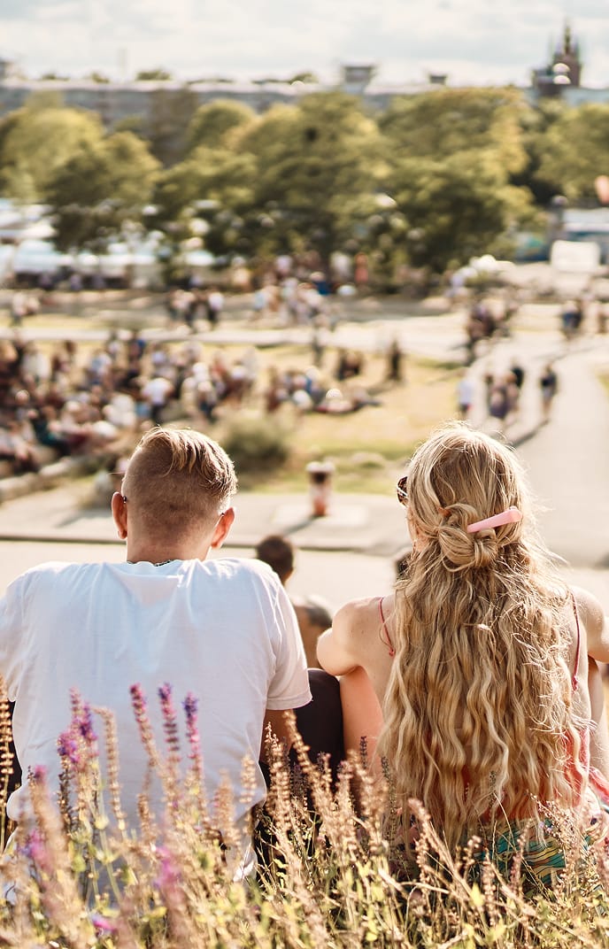 Junges Paar von hinten sitzt im sommerlichen Park und blickt auf eine Menschenmenge