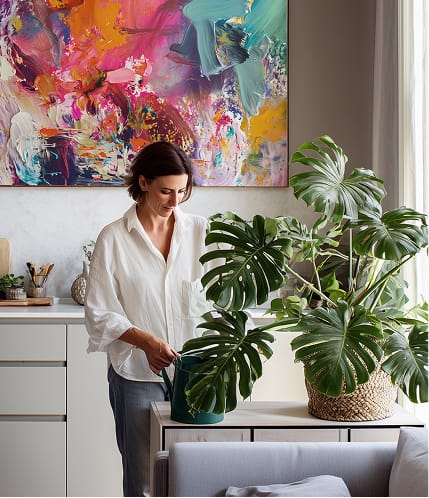 Frau giesst eine grosse Monstera in heller Kueche vor einem farbenfrohen abstrakten Gemaelde