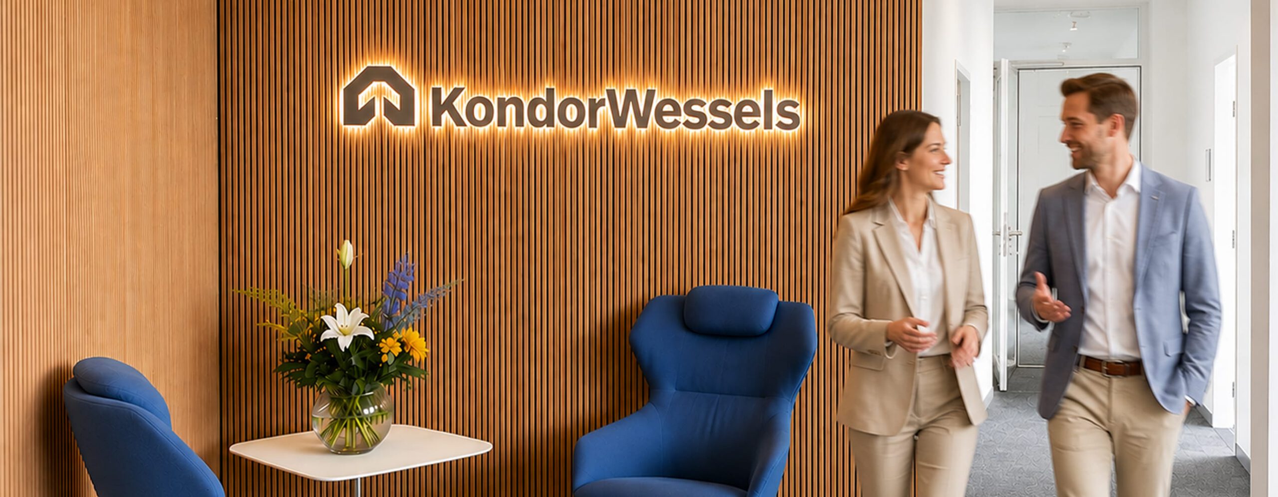 Empfangsbereich von Kondor Wessels mit Holzwand, Firmenlogo und zwei Personen im Gespraech