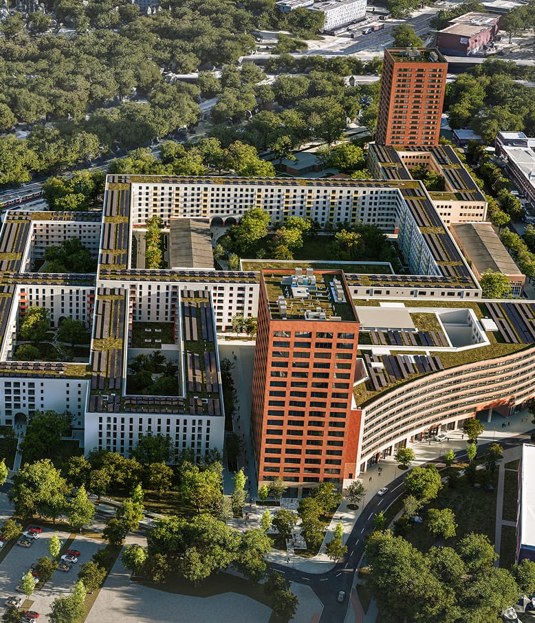 Luftbild-Visualisierung eines städtischen Wohnblocks mit Gründächern und orangefarbenen Türmen