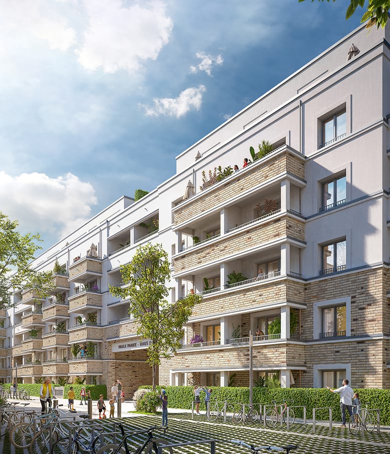 Visualisierung von Wohnhäusern mit Schriftzug Paule Panke Haus D und Fahrrädern davor