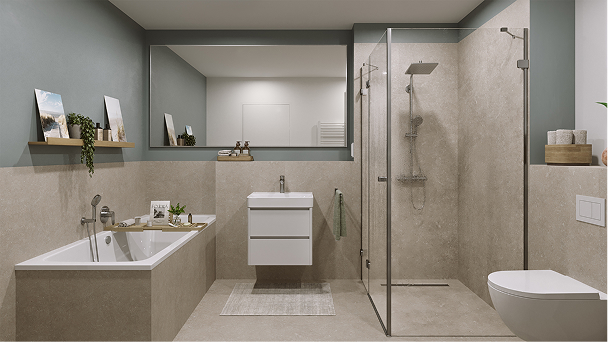 Modernes Badezimmer mit ebenerdiger Glasdusche, Waschtisch, WC und Waschmaschinennische